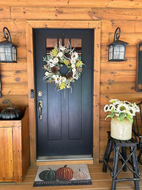 Green Front Door Log Cabin, Log Cabin Front Door Color Ideas, Log Cabin Front Door, Cabin Front Door, Front Door Color, Green Front Doors, Porch Flowers, Door Colors, House Front Door