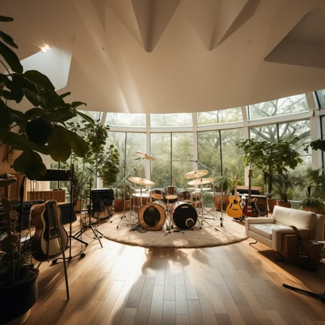 Big Music Room, Sunroom Music Room, Earthy Music Room, Japandi Music Room, Music Room Architecture, Fkj Home Studio, Boho Music Studio, Luxury Music Studio, Instrument Room Aesthetic