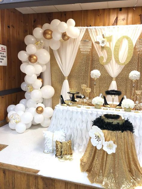 Carmen’s 50 85th Birthday Backdrop Ideas, 50th Birthday For Mom Decoration, Elegant Birthday Centerpiece Ideas, Decor Ideas For 50th Birthday Party, 50th Birthday Ideas For Women Gold And White, 6oth Birthday Party Ideas For Mom, Mom Birthday Party Decorations, Neutral 50th Birthday Party, Gold And White 50th Birthday Decorations