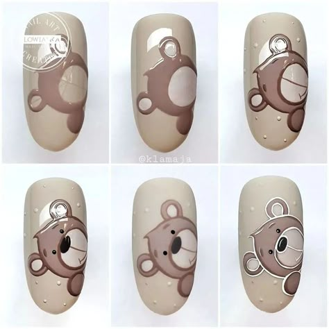 Teddy Bear Nail Art Step By Step, Simple Cartoon Nail Designs, Bear Nails Designs, Cute Bear Nails, Ongles Beiges, Bear Nails, Animal Print Nail Art, Animal Nail Designs, Cartoon Nail Designs