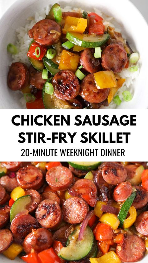 Chicken Sausage Stir-Fry Skillet with Vegetables 20 minute dinner meal. Healthy Sausage Recipes, Sausage Stir Fry, Chicken Sausage Recipes, Sausage Dinner, Sausage Dishes, Savory Sauce, Health Dinner Recipes, Fall Dinner, Chicken Sausage