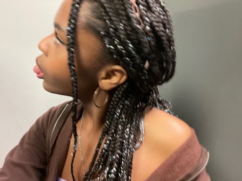 Box Braids With Tensil, Box Braids With Glitter Strands, Sparkle Box Braids, Hair Tinsel Box Braids, Tinsel Hair Black Women, Tinsel Box Braids, Tinsel Braids Black Women, Braids With Tinsel, Hair Tinsel Braids