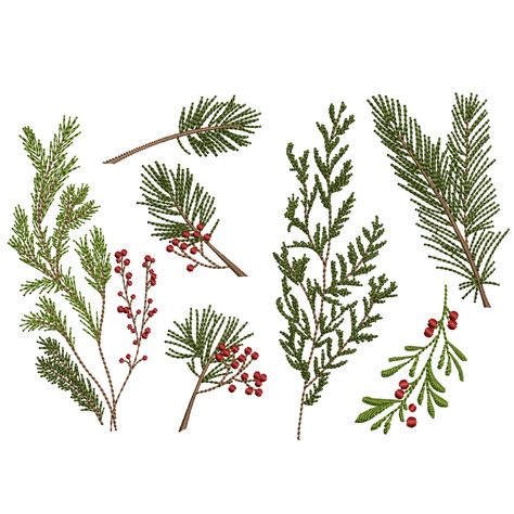 Fir Tree Embroidery, Christmas Tree Embroidery Patterns, Tree Branch Embroidery, Decorative Mending, Free Christmas Embroidery Patterns, Tree Embroidery Pattern, Machine Embroidery Designs Free, Embroidery Christmas Tree, Christmas Foliage