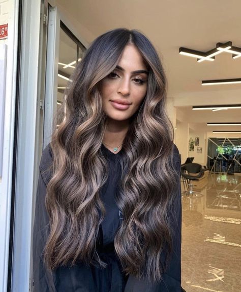 Dark Hair W Balayage, Beige Brown Balayage On Black Hair, Harsh Highlights Hair, Carmel Brown Hair Colour, Balayage Hair Extensions Dark Roots, Bronde Balayage Black Hair, Black With Brown Balayage, Bright Brunette Hair, Different Brunette Hair Colors