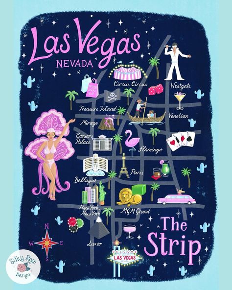 Las Vegas map! The full maps and some close up of some of my favourite details (the limo!) Where should I draw next? #illustratedmap #lasvegas #lasvegasmap #freelanceillustrator #artlicensing #vivalasvegas #sincity #mapillustration #silkyrosedesign Las Vegas Illustration, Vegas Artwork, Las Vegas Map, Rose Illustration, Caesars Palace, Illustration Portfolio, Ipad Art, Sin City, Las Vegas Strip