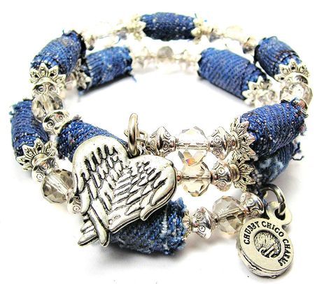 Angel Wings Folded Into A Heart Shape Denim Bead Wrap Bracelet, Fits up to 8 Inches Denim Crafts Things To Make, Angel Wings Folded, Memory Bracelet, Denim Bracelet, Bead Wrap Bracelet, Ballerina Silhouette, Proud Wife, Band Mom, Denim Jewelry