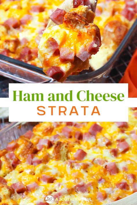 Ham Strata Recipes, Ham And Cheese Strata, Ham And Egg Casserole, Strata Recipes Breakfast, Ham And Cheese Casserole, Overnight Casserole, Ham Breakfast Casserole, Ham Casserole Recipes, Breakfast Casserole With Bread