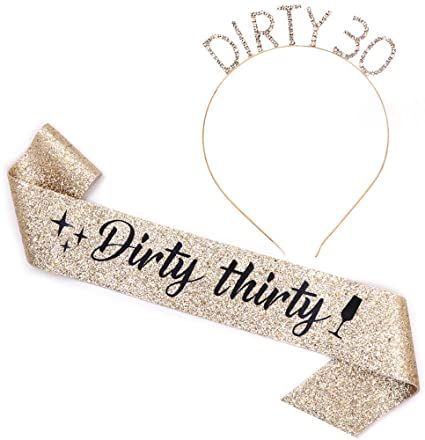 "Dirty Thirty" Sash & Rhinestone Headband Set - 30th Birthday Gifts Birthday Sash for Women Birthday Party Supplies (Gold Glitter/Black) 30th Birthday Sash, Dirty Thirty Birthday, Women Birthday Party, Birthday Tiara, Birthday Sash, Thirty Birthday, Dirty Thirty, Woman Birthday Party, 30th Birthday Parties