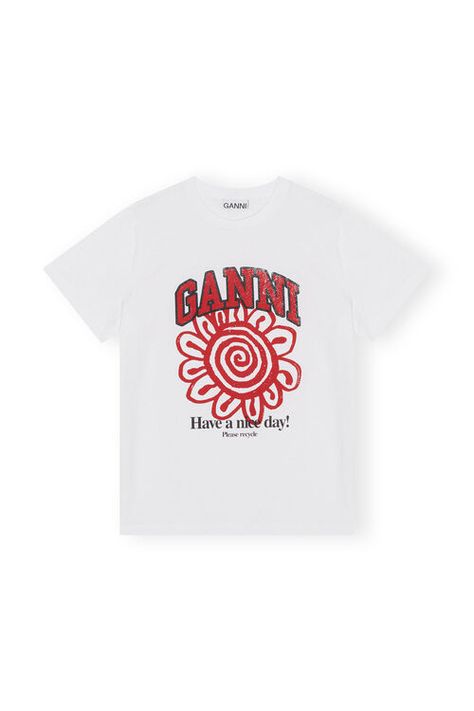 Relaxed Red Flower T-shirt, Bright White Ironic Tees, Ganni T Shirt, Red Graphic Tee, Jeans Boots, Edgy Look, Red Flower, Tshirts Online, Red Flowers, Shirt Online