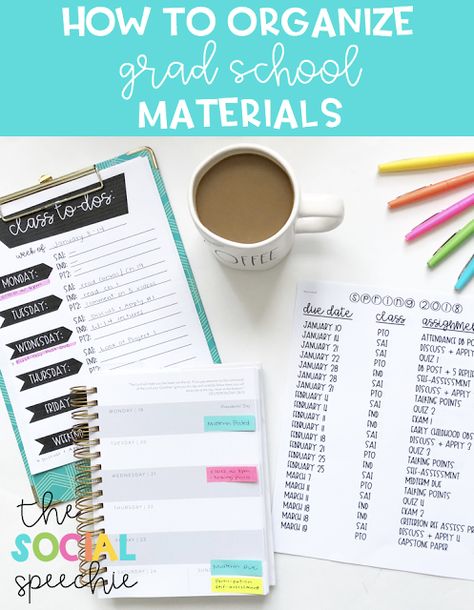 How to Stay Organized in Grad School | The Social Speechie Graduate School Essentials, Graduate School Organization, School Organization Highschool, Graduate School Prep, Law School Organization, School Organization For Teens, School Organization College, Grad School Tips, Slp Grad School