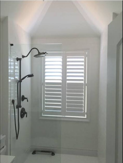 Window Shutter Blinds, Bathroom Windows In Shower, Bathroom Shutters, Narrow Bathroom Designs, Small Attic Bathroom, Shower Window, Bathroom Blinds, Vinyl Shutters, Shelf Decor Living Room