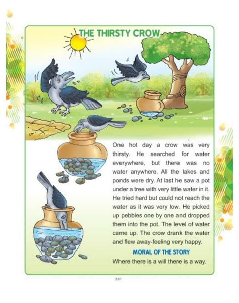 A Thirsty Crow Story, The Thirsty Crow Story In English, English Story With Moral, Thirsty Crow Story For Kids, Thirsty Crow Story Pictures, Small English Story, Crow Story, Thirsty Crow, Picture Story For Kids