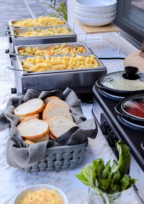 Build Your Own Pasta Bar Wedding, Pasta Bar Wedding Reception Buffet, Pasta Buffet Ideas Food Bars, Wedding Pasta Bar Buffet, Pasta Bar Ideas Buffet, Pasta Bar Ideas Buffet Wedding, Pasta Station Ideas, Soup Bar Ideas Parties, Party Buffet Ideas