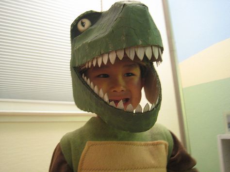 t-rex head from glue, cardboard cereal box, grocery bags and egg carton T Rex Halloween Costume, Rex Costume, Dino Costume, T Rex Costume, Dinosaur Halloween, Paper Grocery Bags, Box Costumes, Diy Costumes Kids, Dinosaur Costume