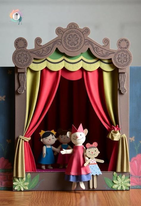 Puppet Theatre Ideas, Puppet Theater Diy Cardboard, Puppet Theater Diy, Cardboard Puppet Theater, Puppet Show Ideas, Cardboard Theatre, Diy Puppet Theater, Cardboard Puppet, Puppet Show Stage