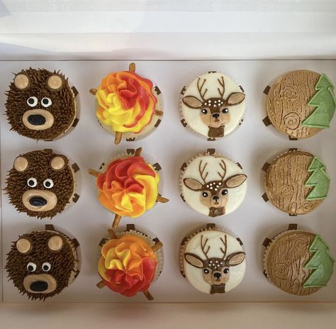 #deer #tree #cupcakes #bear #fire Wilderness Cupcakes, Hiking Cupcakes, Outdoorsy Cupcakes, Wildlife Cupcakes, Woodland Creature Cupcakes, Woodland Baby Shower Cupcakes, Moose Cupcakes, Woodland Theme Cupcakes, Nature Cupcakes