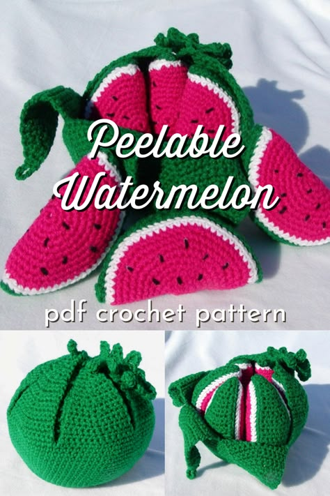 Crochet Velcro Food, Crochet Pretend Food, Watermelon Amigurumi Free Pattern, Crochet Watermelon Pattern, Crochet Play Food Pattern, Crochet Play Kitchen, Free Play Food Crochet Patterns, Crochet Food Blanket, Crochet Play Food Free Pattern Kids