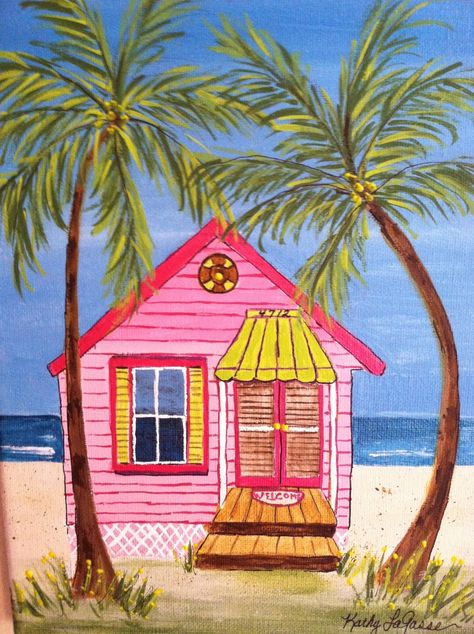 Beach House Acrylic Painting, Beach Houses Paintings, Beach Hut Painting, Whimsical Beach Art, Beach House Drawing, Beach House Painting, Dollar Painting, Beach Canvas Paintings, Blue Paintings