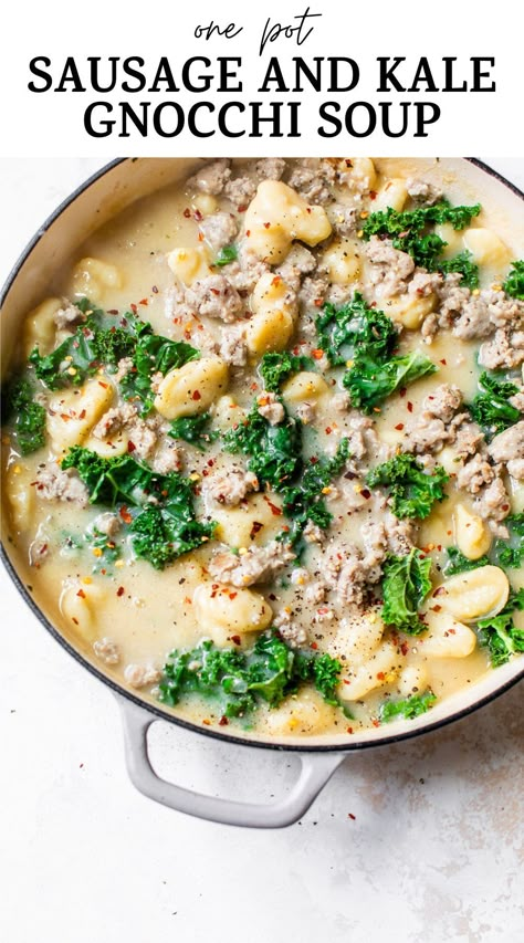 Creamy Sausage And Kale Soup, Sausage Gnocchi Soup Dairy Free, Gnocchi Kale Recipes, Trader Joes Gnocchi Soup Recipes, Sausage Kale Gnocchi, Kale And Gnocchi Soup, Gnocchi Soup With Ground Beef, Sausage Kale Gnocchi Soup, Gnocchi Kale Soup