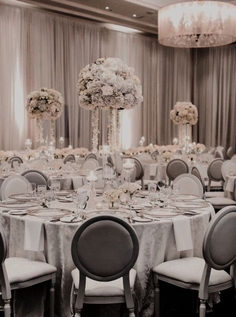 White And Silver Wedding Decorations, White Silver Wedding, White Wedding Theme, All White Wedding, Bride Magazine, Silver Decor, Luxury Wedding Venues, Wedding Hall, White Wedding Flowers