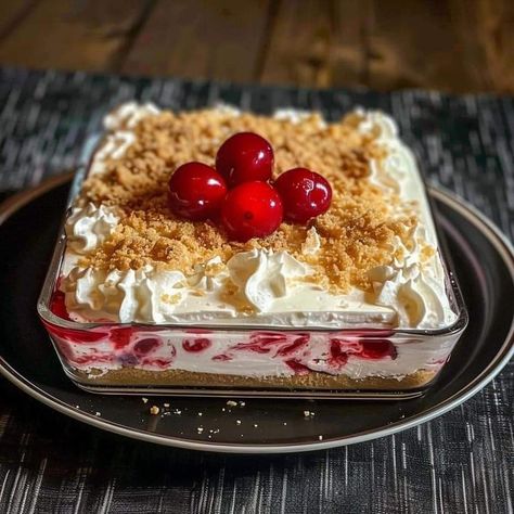 Cherry Cheesecake Surprise Layered Dessert, Cherry Cheesecake Lush Layers, Cherry Lush Dessert Recipe, No Bake Dessert Recipes Easy, Cherry Cheesecake Lush Dessert, Cherry Lush Dessert, Lush Dessert Recipes, Cherry Cheesecake Recipes, Cherry Yum Yum Recipe