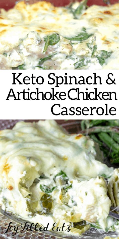 My Spinach &  Artichoke Chicken Casserole is an easy make-ahead meal the whole family will like. You can prep it a day or two before and just pop it in the oven for about half an hour before serving. This is your favorite spinach and artichoke dip turned into a creamy cheesy chicken casserole so that you can call it dinner. This is pure comfort food and an easy main course dinner. This easy recipe is low carb, keto, gluten free, grain free, sugar free, and Trim Healthy Mama friendly. Keto Spinach Artichoke Chicken, Keto Spinach Artichoke, Spinach And Artichoke Chicken, Spinach Artichoke Chicken Casserole, Creamy Cheesy Chicken, Keto Spinach, Cheesy Chicken Casserole, Spinach Artichoke Chicken, Healthy Casserole