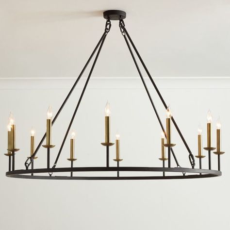 Construction Crafted of steel and finished in Brass, Bronze or Tumbled Brass and Bronze. Features four support rods and cannot be adjusted. Not compatible with dimmer switch. Dry UL. Light bulbs are not included. Accommodates twelve 25W Type B Candelabra bulbs or LED equivalent Base Type E12. Imported. Care Dust with soft, dry cloth. Do not exceed specified wattage. Assembly Hardwired; Professional installation recommended. Not compatible with slanted or sloped ceiling. Semi Flush Mount Chandelier, Rod Iron, Wagon Wheel Chandelier, Construction Crafts, Round Chandelier, Iron Chandeliers, Round Light, Large Chandeliers, Dining Room Chandelier