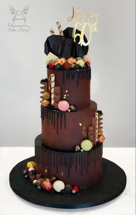 Chocolate Cake 3 Layer, Cake 3 Tier Birthday, 3 Layer Chocolate Cake Birthday, Cake Designs 3 Layers, 3 Tier Cake For Men, Birthday Cake Men Ideas, Chocolate Cake Design Birthday Men, Chocolate Drip Cake Ideas Birthday, 3 Layer Cake Designs Birthday