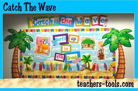 Catch The Wave with this Surfing Bulletin Board! Complete with palm trees, surfboards and sand, it's perfect for your class!