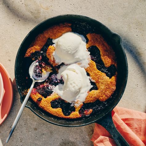 Blueberry Cobbler Recipe | Bon Appétit Blueberry Skillet, Nut Free Baking, Skillet Cobbler, Blueberry Cobbler Recipe, Blueberry Desserts Recipes, Blueberry Cobbler Recipes, Crumble Pie, Cobbler Topping, Blueberry Ice Cream