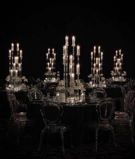 Black White And Clear Wedding, Black Wedding Head Table, Black And White Glam Wedding, Black Wedding Reception, Silver Wedding Reception, Chandeliers Wedding, Something Borrowed Wedding, Crystal Wedding Decor, Black Quinceanera