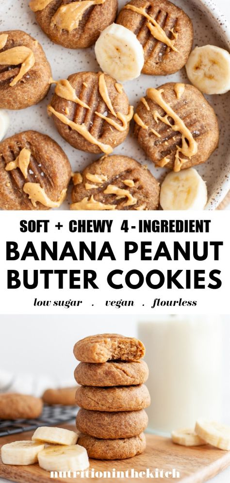 One of the easiest cookie recipes these flourless, vegan, gluten free banana peanut butter cookies are healthy (and seriously easy!). Made with just 4 ingredients these healthy banana cookies are stellar. Short on time? All you need is 15 minutes! Amp it up: try them with chocolate chips or other suggested additions! Banana Peanut Butter Cookies, Healthy Banana Cookies, Peanut Butter Banana Cookies, Banana Peanut Butter, Banana Cookies, Gluten Free Banana, Healthy Banana, Healthy Peanut Butter, Dessert Dips