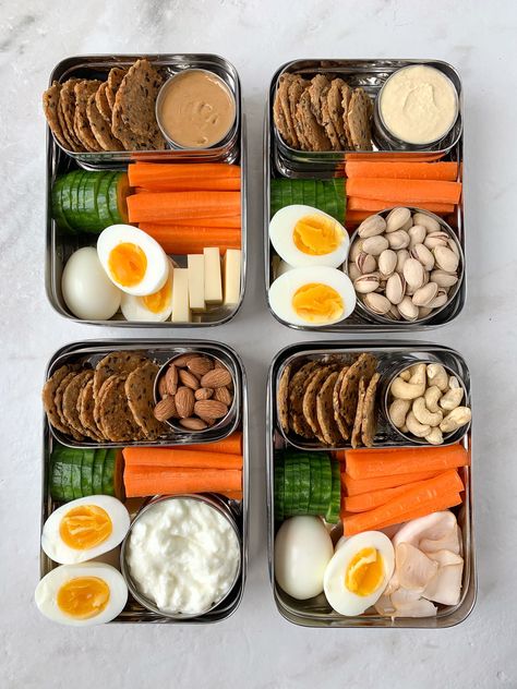 Protein lunch box ideas - 4 ways! These healthy protein lunch boxes are high in protein and work for adults and kids. Plus, these no-cook protein lunch boxes are quick and easy to make. Protein Lunch Ideas For School, Easy Healthy Lunch Box Ideas For Adults, Snack Box Lunch For Adults, High Protein On The Go Lunch, High Protein Lunch No Cook, Healthy Lunchbox Ideas For Work, High Protein Snack Ideas For Work, Lunchbox Protein, Bento Box Lunch For Adults Protein