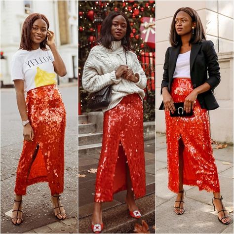 Sequin Midi Skirt Outfit, Long Red Skirt Outfit, Sequence Skirt Outfit, Red Midi Skirt Outfit, Red Sequin Skirt, Red Skirt Outfits, Sequin Skirt Outfit, Straight Midi Skirt, Red Long Skirt