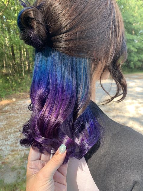 Blue Purple Peekaboo Hair, Half Died Under Hair Purple, Hair Ends Highlight, Behind Hair Dye, Peekaboo Mermaid Hair, Natural Haircolour Dye, Medium Length Hair With Color, Mermaid Hair Underneath, Blue And Purple Underneath Hair