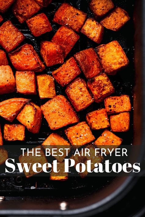 These quick and easy Air Fryer Sweet Potato Cubes are deliciously seasoned and cooked to crispy and golden perfection! Enjoy them as a convenient side dish or healthy snack to pair with almost anything. Roasted Sweet Potatoes Air Fryer, Sweet Potato Toaster Oven, Sweet Potatoes Air Fryer, Sweet Potatoes In Air Fryer, Potatoes In Air Fryer, Potatoes Air Fryer, Baked Sweet Potato Slices, Potatoes Crispy, Toaster Oven Recipes