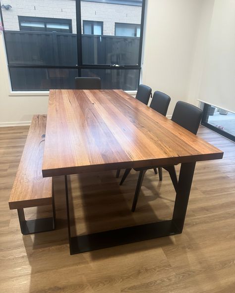 Two masterpieces just delivered to our clients home. Rare reclaimed 50mm thick Messmate beam bench seat and the magnificent 50mm thick reclaimed hardwood Monarch dining table. Mounted on two powder-coated 150mm steel legs for a modern touch Dimensions 1990mm L x 250mm W x 470mm H Monarch Dining Table Timber: Beautifully crafted from recycled hardwood with a medium level of feature Dimensions 1.1m W x 2.4m L x 76cm H The Monarch dining table is a testament to exceptional craftsmanship, co... Modern Timber Dining Table, Black Timber Dining Table, Reclaimed Elm Dining Table, Custom Wood Conference Table, Timber Table Metal Frame, Walnut Dining Table Uk, Timber Dining Table, Mahogany Table, Reclaimed Timber