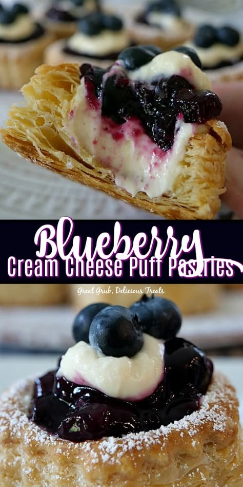 Blueberry Cream Cheese Puff Pastries are a delicious cream cheese blueberry dessert recipe baked in puff pastry shells. #blueberries #dessertfoodrecipes #yummy #puffpastries #greatgrubdelicioustreats Mini Cream Puff, Cream Cheese Puffs, Puff Pastry Recipes Dessert, Cream Cheese Puff Pastry, Puffed Pastry, Puff Pastry Shells, Fruity Dessert, Pastries Recipes Dessert, Cream Cheese Pastry