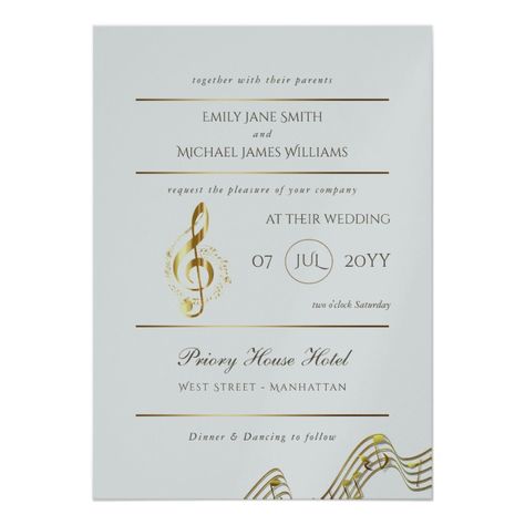 Music Note Wedding Invitation Gold Silver Custom #babyshower invitations - Make your special day with these personalized #baby #shower #invitations change the colors font and images and make them your own. Wedding Music Template, Music Invitation Design, Music Theme Invitations, Musical Wedding Invitations, Classical Music Wedding Theme, Wedding Invitations Music Theme, Wedding Invitation Gold, Contemporary Wedding Invitations, Music Wedding