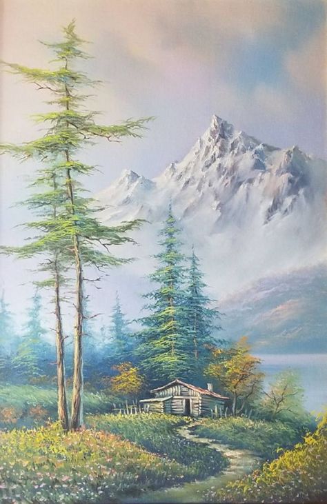 Forest House Painting, Lake House Painting, Lake Flowers, Landscape Meadow, Trees House, Forest Meadow, House Trees, Flowers Meadow, Mountains Flowers