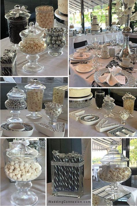 White, silver and black candy bar created for Myriam and stephane's elegant wedding reception. Visit us to learn how to achieve a professional looking candy bar decor for your wedding! WeddingConnexion.com  #WhiteSilverBlackCandyBar #ElegantWeddingCandyBar Elegant Candy Bar Wedding, Elegant Candy Table Ideas, Candy Bar Ideas For Wedding Elegant, Candy Bar Ideas For Wedding, Silver And Black Wedding, Candy Bar Decor, Diy Candy Buffet, White Candy Buffet, Chocolate Table