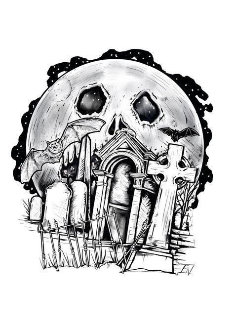 #graveyard #tattoodesign #spookydrawing #ink Graveyard Tattoo Design, Graveyard Tattoo, Chest Tattoo Stencils, Female Tattoo Artist, Spooky Graveyard, Monster Tattoo, Shop Tattoo, Grave Yard, Skull Sleeve Tattoos