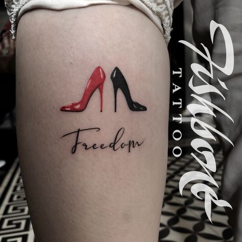 High Heel Tattoo Designs, High Heel Tattoo, Heel Tattoo, Heels Tattoo, Trumpet Tattoo, Fish Bone Tattoo, Niece Tattoo, High Heel Tattoos, Heel Tattoos