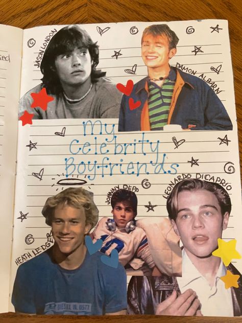 Celebrity Crush Scrapbook, Crush Page Journal, Scrapbook Journal Prompts, Celebrity Crush Journal Page, Journal Ideas Books, Me Characters, Smash Book Ideas, Smash Book Inspiration, Journal Inspiration Writing