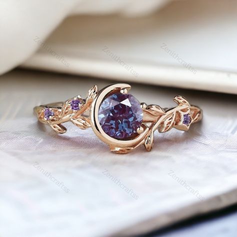 Alexandrite Engagement Ring, Nature Inspired Moon Star Color-change Alexandrite Ring, Vintage Rose Gold Amethyst Ring, Celestial Ring Gift - Etsy Bismuth Engagement Ring, Moon Themed Engagement Ring, Engagement Rings Inspired By Nature, Purple Gem Engagement Ring, Purple Ring Wedding, Magic Engagement Ring, Star Trek Engagement Ring, Crystal Rings Engagement & Wedding Rings, Purple Gemstone Engagement Rings