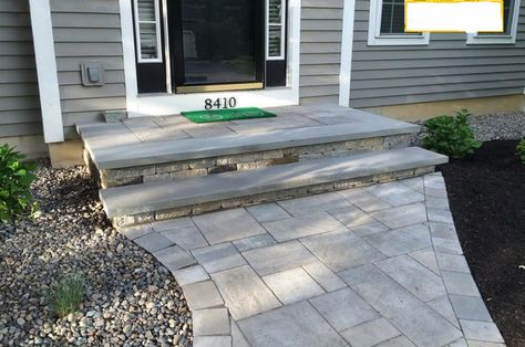 Front Stoop And Walkway Ideas, Unilock Walkway Ideas, Paved Steps To Front Door, Stoops And Steps, Stone Walk Ways To Front Door, Front Door Walkway Ideas Entrance, Two Step Front Porch, Granite Steps Front Door, Stone Front Steps Entrance