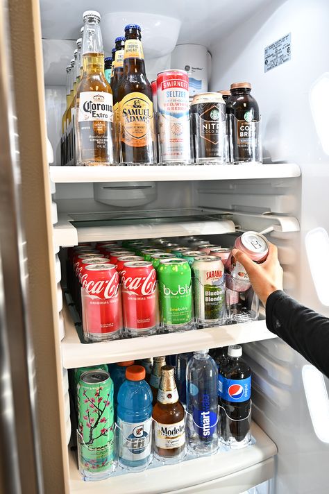 Drinks Fridge Organization, Drinks Organization, Fridge For Drinks, Beverage Fridge Organization, Stocked Drink Fridge, Drink Organization Fridge, Aesthetic Drink Fridge, Drink Fridge Organization, Drink Organizer