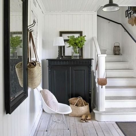 For more Visit  https://www.thegentlemanracer.com Scandinavian Country Style, White Washed Floors, White Staircase, Swedish Cottage, Feng Shui House, Wooden Floors, Design Del Prodotto, Black Cabinets, Style At Home