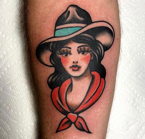 Cowboy Hat American Traditional Tattoo, American Traditional Cowgirl Tattoo, Cowgirl Tattoo, Traditional Tattoo Woman, Western Tattoo, Vintage Tattoos, Cowgirl Tattoos, Cowboy Tattoos, Traditional Tattoo Inspiration