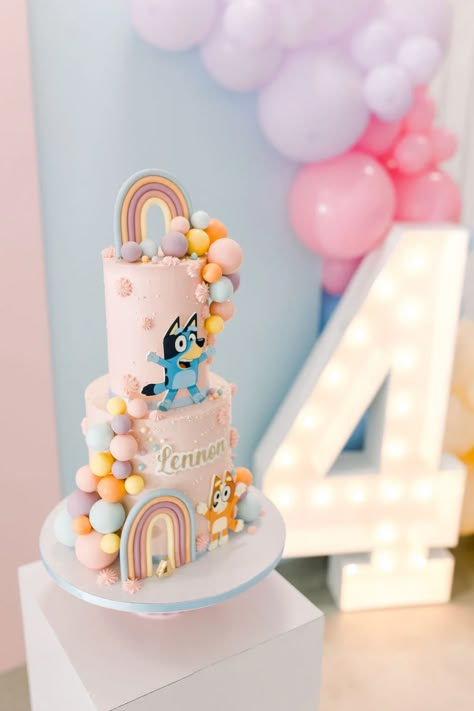 25+ *Amazing* Bluey Birthday Party Ideas (Your Kids Will Obsess Over) Bluey Bingo 2nd Birthday Party, Bluey Cake Two Tier, Bluey Party Ideas Girl, Bluey Birthday Party Decorations Girl, 3rd Bluey Birthday Party, 2nd Bluey Birthday Party, Bluey Girl Birthday Party Ideas, Bluey Birthday Party Ideas Cake, Bingo Bluey Birthday Party Theme